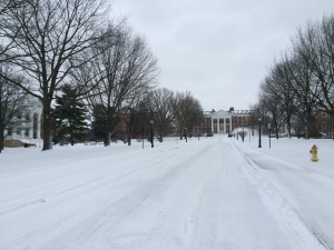 Snow covers main entrance to Hood College.