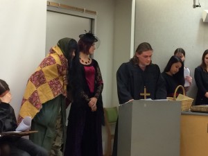Hood students reenacted a medieval witch trial.